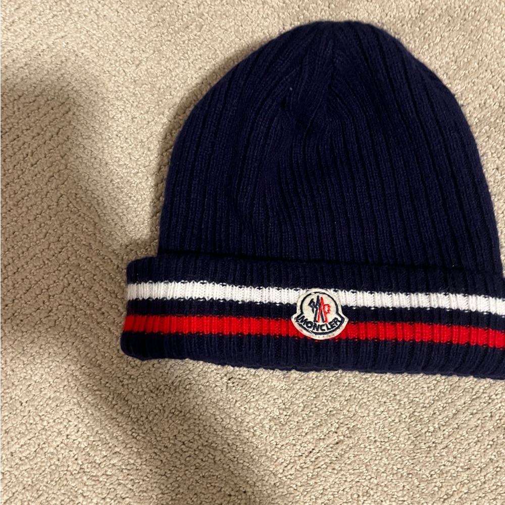 Moncler Navy Beanie with Red and White Stripes